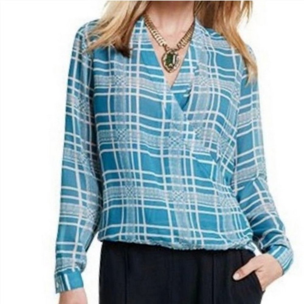 Cabi Top Medium Blue‎ Plaid Wrap-Front Sheer Long Sleeve Blouse Women's